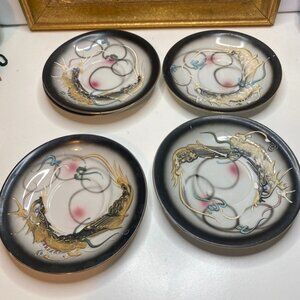 Vintage 5 Saucers Moriage Dragon Ware Marked Lucky Porcelain Japan Black 5.5”